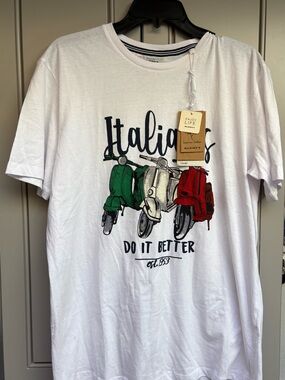 Alcott White Short Sleeve Tee with Green White and Red Scooter Graphic